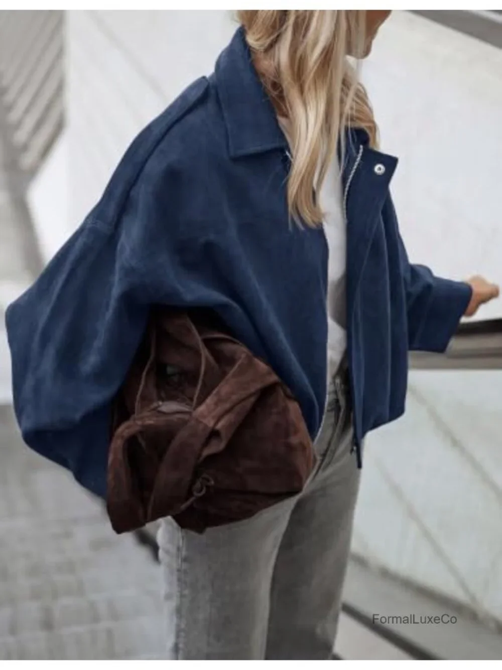 Faux Suede Cropped Bomber Jacket Oversized Batwing Zip